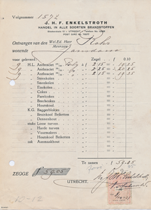 711086 Kop van een nota van J.H.F. Enkelstroth, Brandstoffenhandel, Bleekerskade 12 te Utrecht, ten name van de heer ...